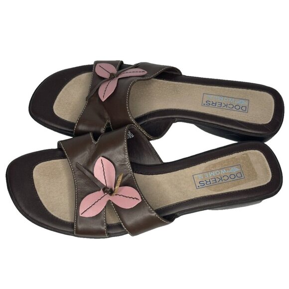 Dockers Sandals W sz 8.5 Brown Slide Pink Flower Detail Leather Shoes - Picture 7 of 11